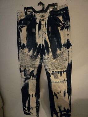 Men's Black & White Tie-Dye Jeans - Fashion Biker Stitch Detail
